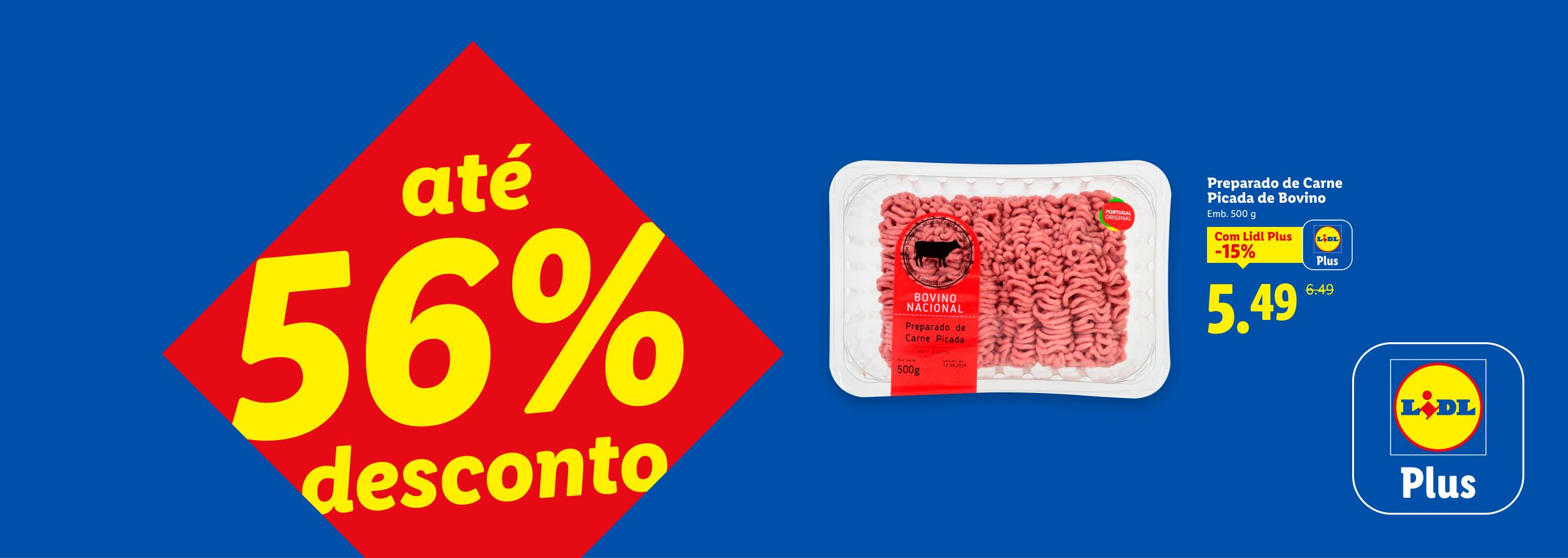 Carne picada de bovino com desconto de 56% e preço de 5,49€ com cartão de cliente.
