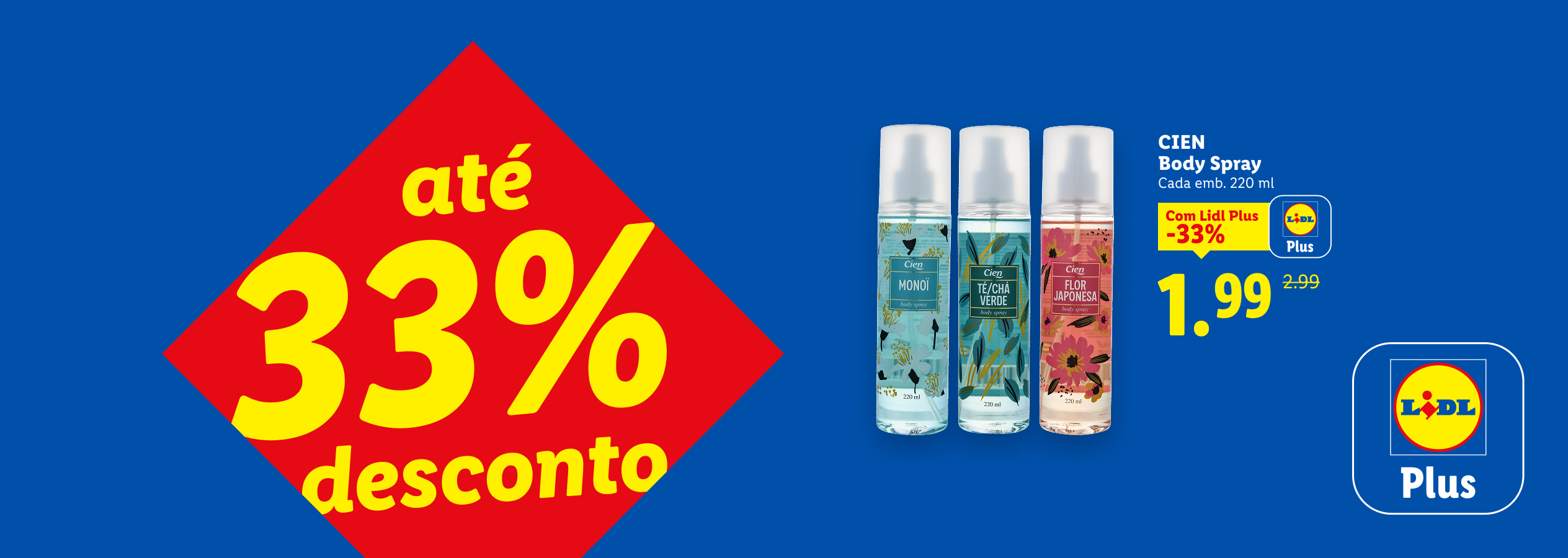 Promoção de sprays corporais com até 33% de desconto, custando 1,99€ com Lidl Plus.