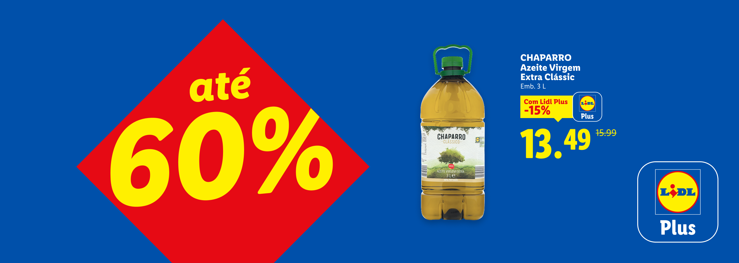 Garrafa de azeite virgem extra de 3L com desconto de 15% para membros Lidl Plus, custando 13,49€.