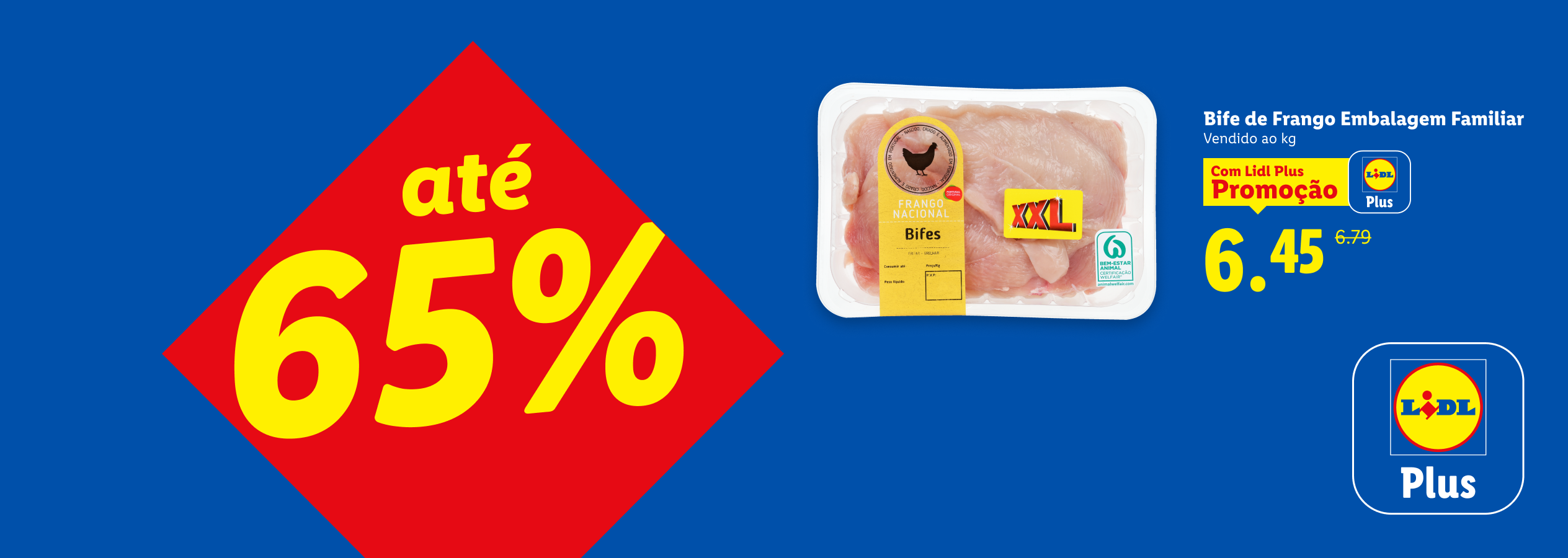 Promoção de bife de frango embalagem familiar com desconto até 65%.