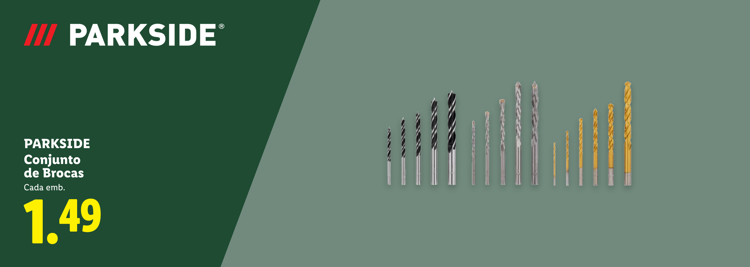 Conjunto de brocas de diferentes tipos e tamanhos, com preço de 1,49.