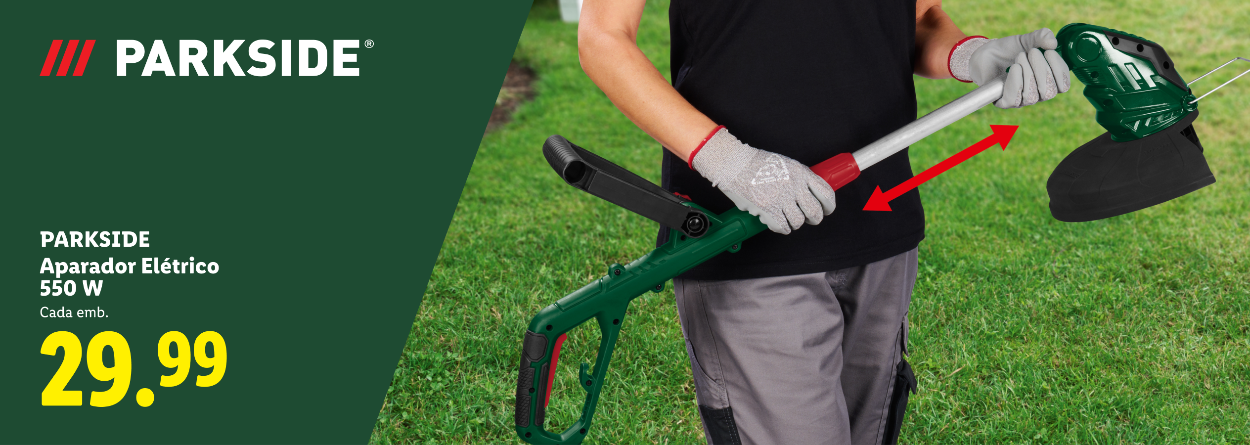 Aparador elétrico de 550 W para jardim, com preço de 29,99€.