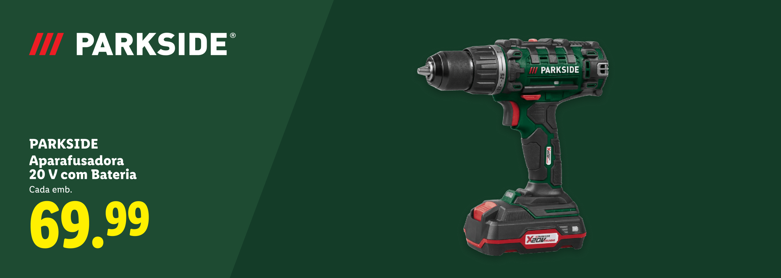 Berbequim aparafusador de 20 V com bateria, custa 69,99.