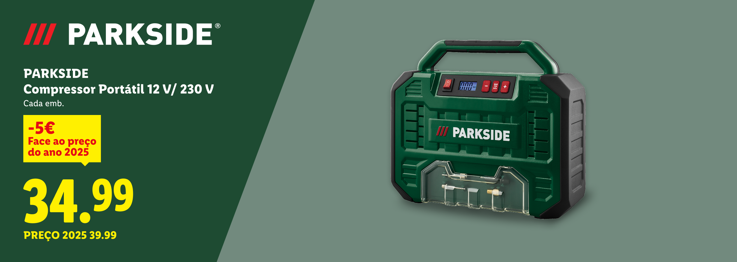 Compressor portátil 12 V/ 230 V com desconto de 5€, preço final 34.99€.