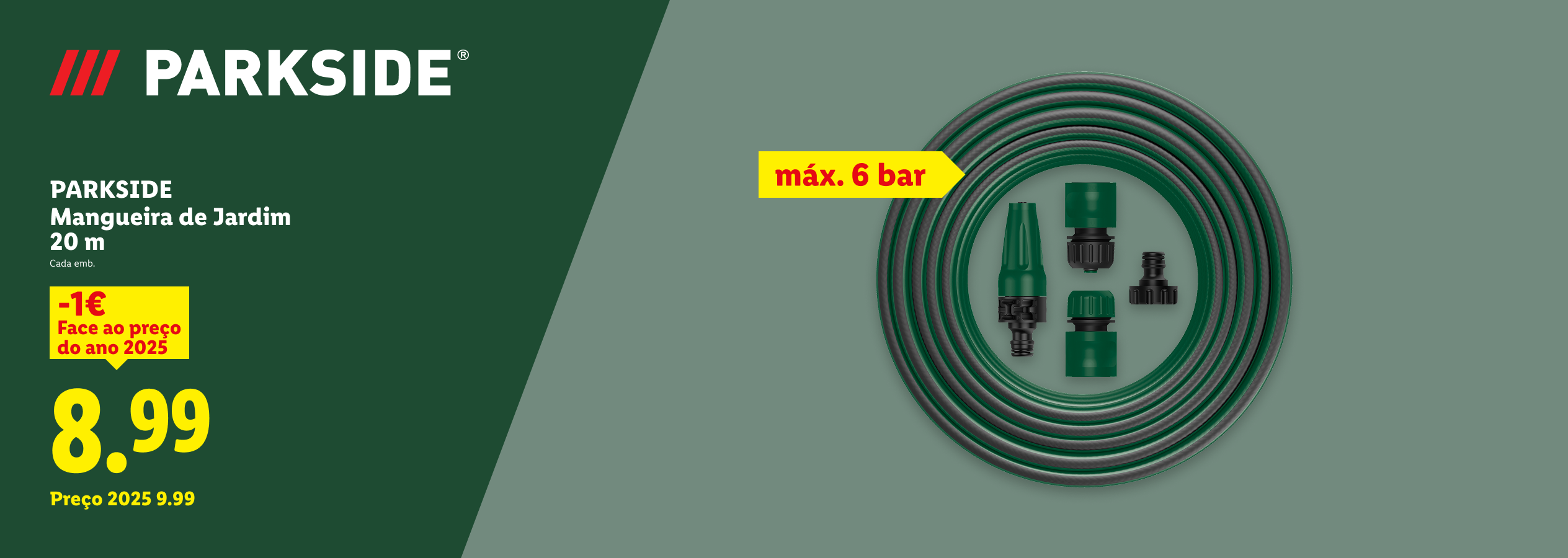 Mangueira de jardim de 20m com acessórios, com desconto de 1€, preço final 8,99€.