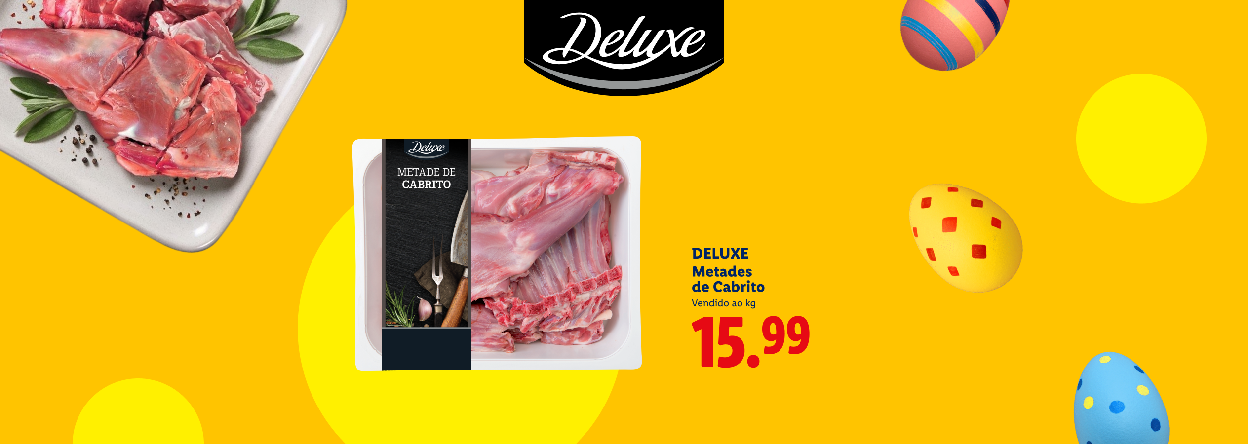 Carne de cabrito em embalagem e prato, com ovos da Páscoa e preço de 15,99.