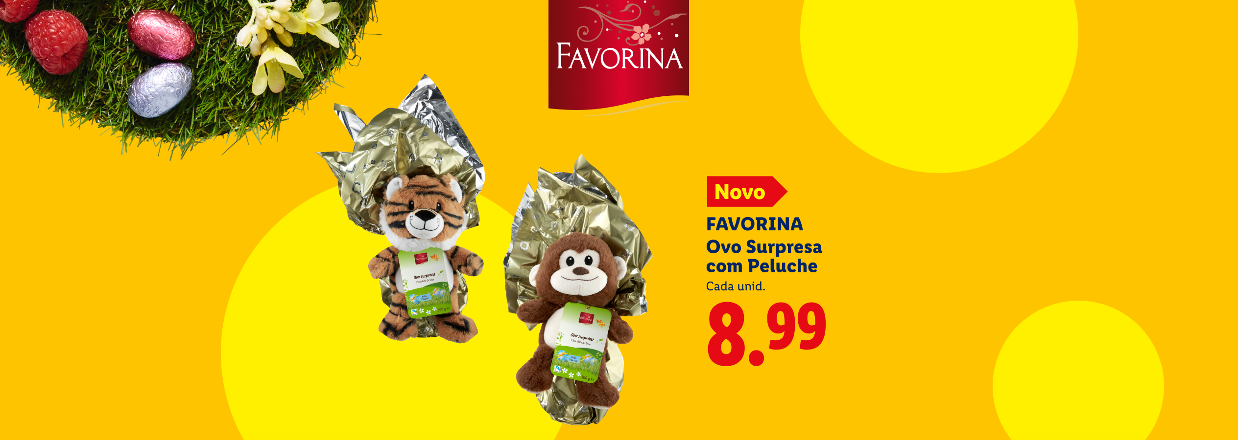 Ovos surpresa com peluches de tigre e macaco, com o preço de 8,99.