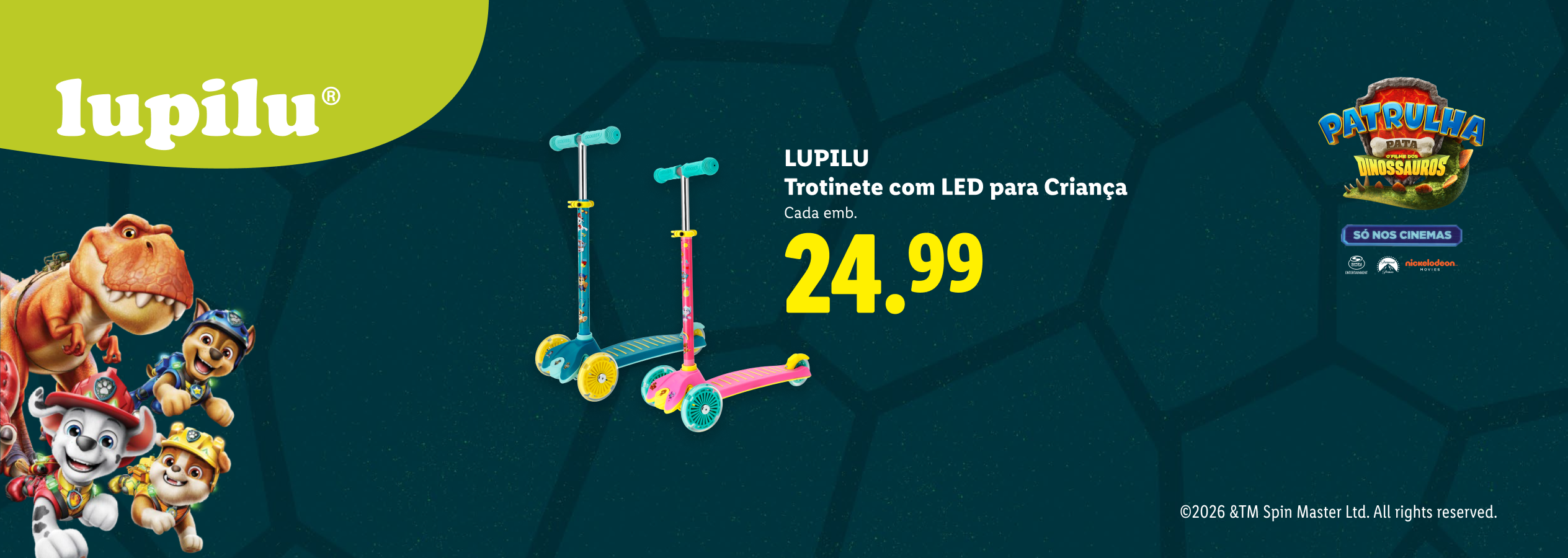 Duas trotinetes infantis com LED, uma azul e outra rosa, com personagens de desenhos animados e um dinossauro.