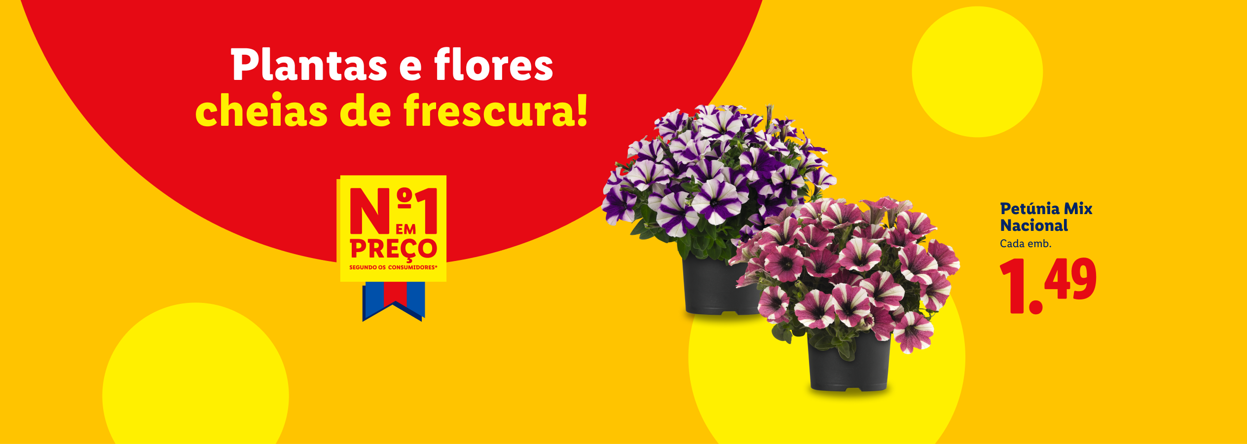 Plantas e flores frescas, com petúnias mix nacionais a 1,49€ cada embalagem.