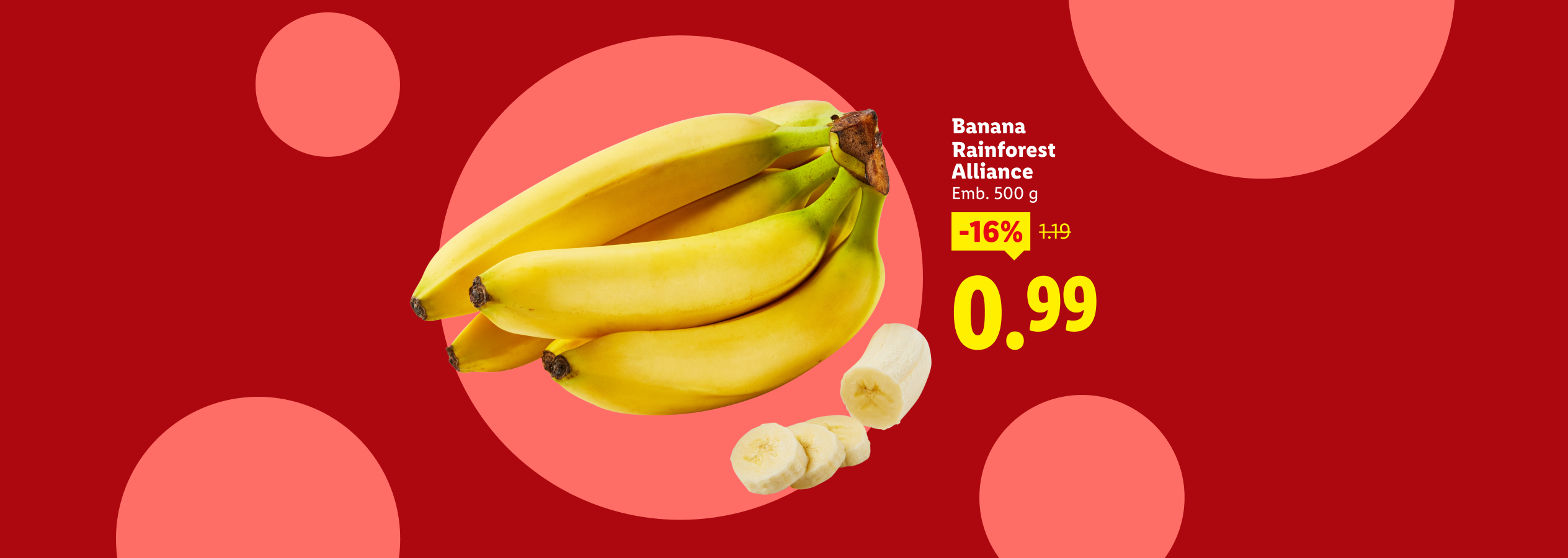 Cacho de bananas com desconto de 16%, agora a 0,99.