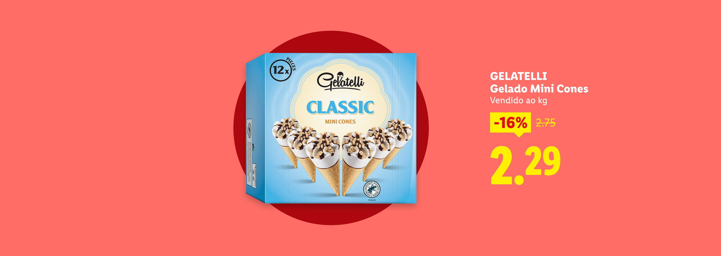 Caixa de gelados mini cones com 12 unidades, em promoção de -16%, agora a 2,29.