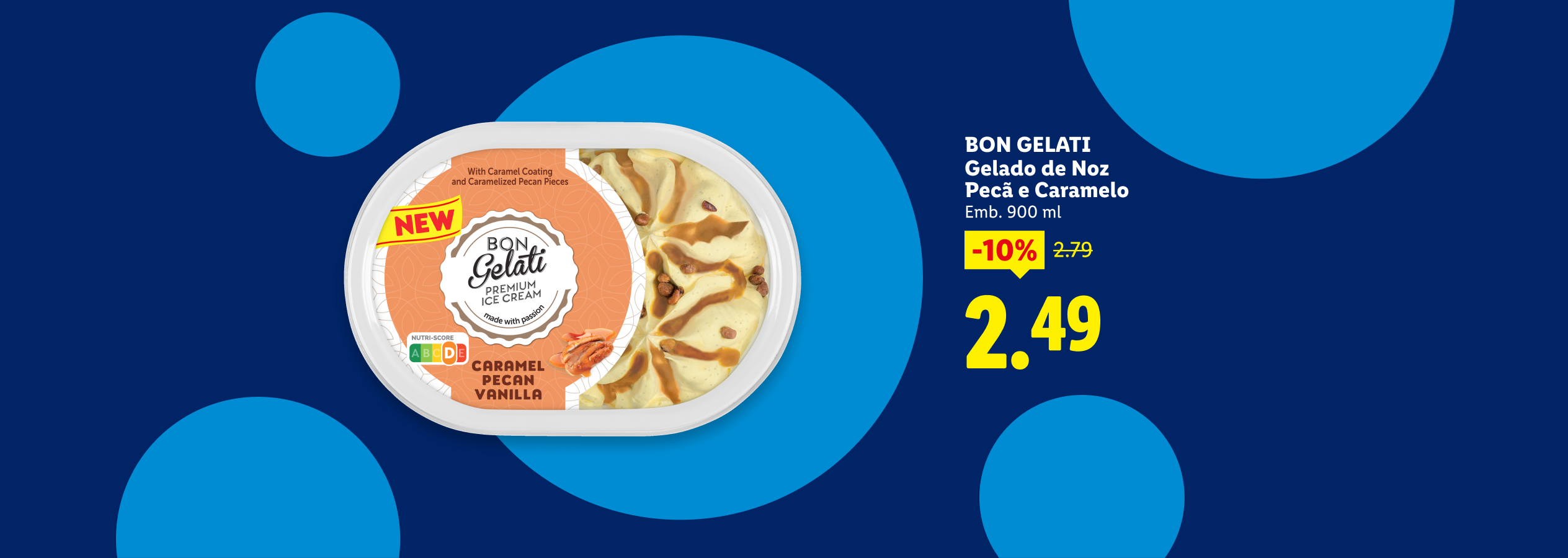 Gelado de noz pecã e caramelo com 10% de desconto, agora 2,49€.