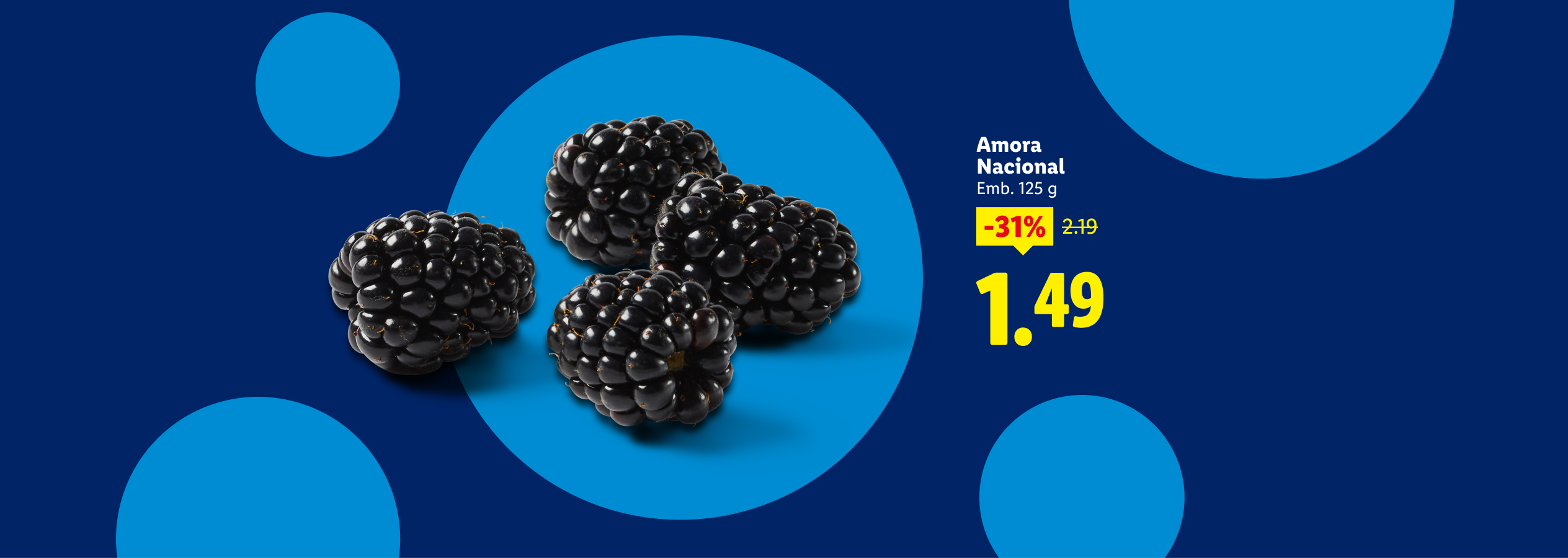 Amoras frescas em fundo azul com círculos, preço de 1,49 e desconto de 31%.