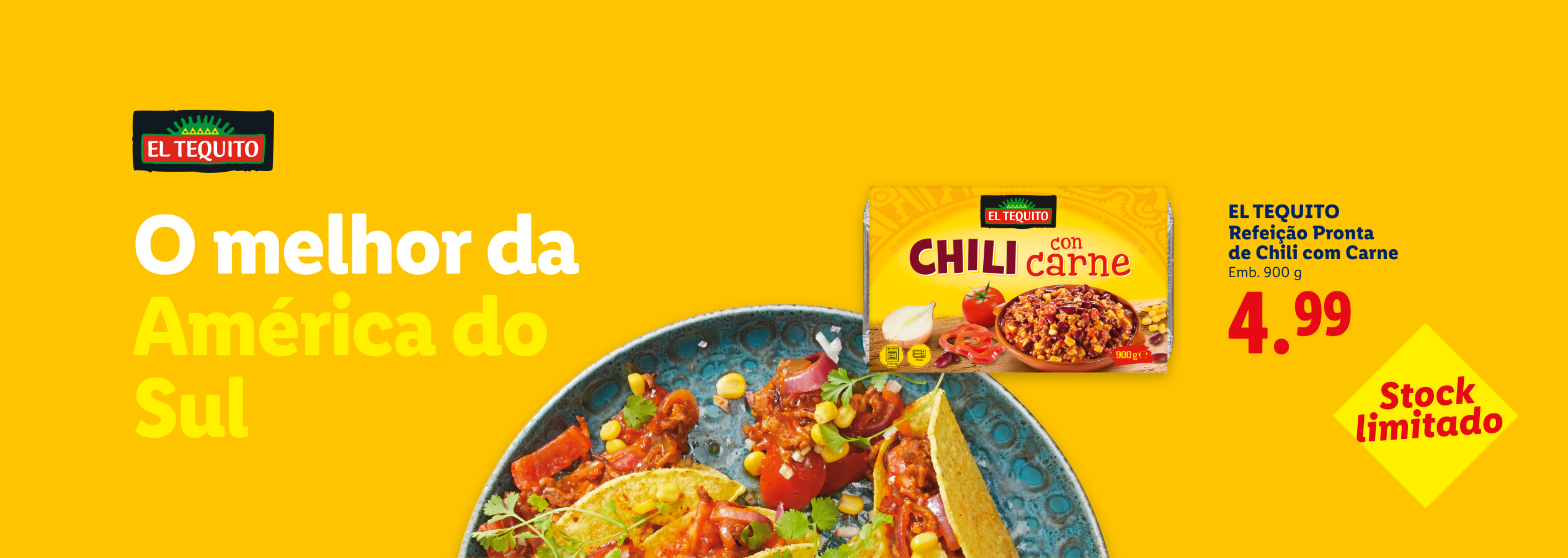 Embalagem de chili com carne e tacos, com o texto 'O melhor da América do Sul' e preço de 4,99.