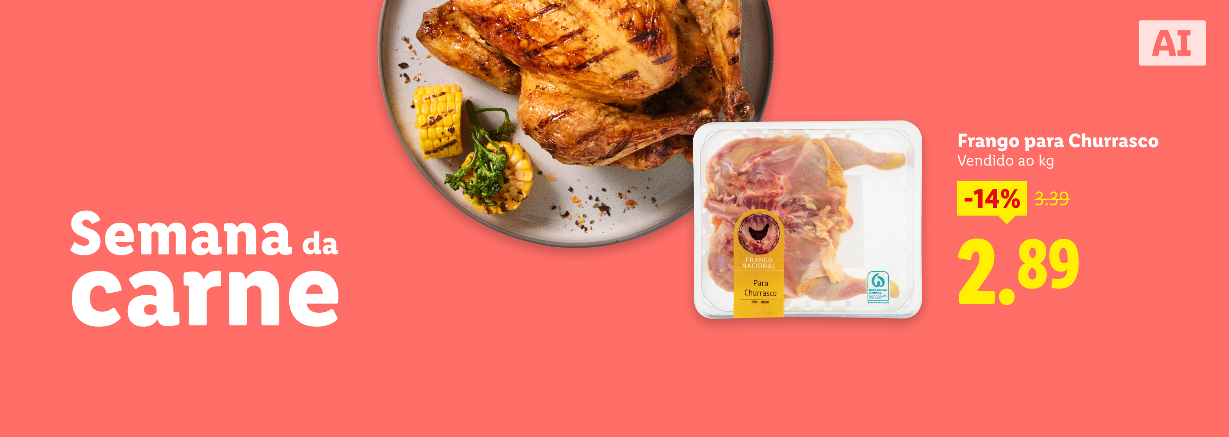 Semana da carne: frango para churrasco, com 14% de desconto, de 3,39€ para 2,89€/kg.