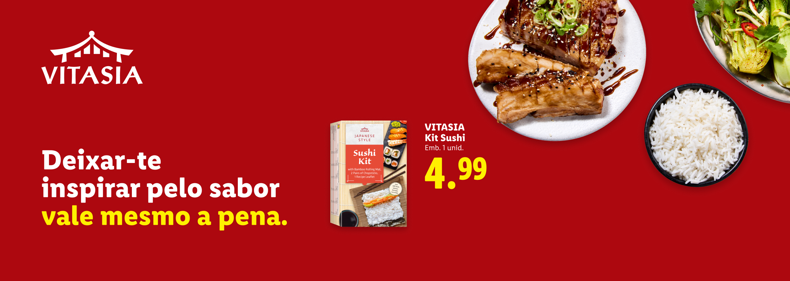 Um kit de sushi e pratos asiáticos, com a frase 'Deixar-te inspirar pelo sabor vale mesmo a pena'.