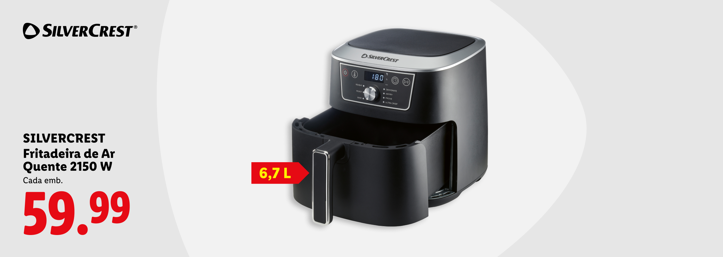 Fritadeira de ar quente de 6,7 L e 2150 W, com preço de 59,99.