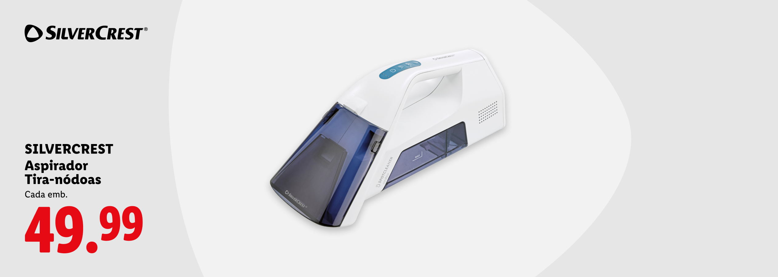 Aspirador tira-nódoas portátil branco e azul, com preço de 49,99.