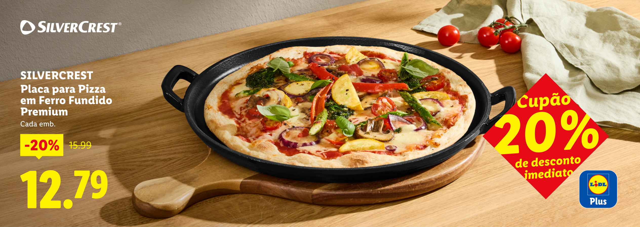 Pizza vegetariana numa placa de ferro fundido, com 20% de desconto, custando 12,79€.