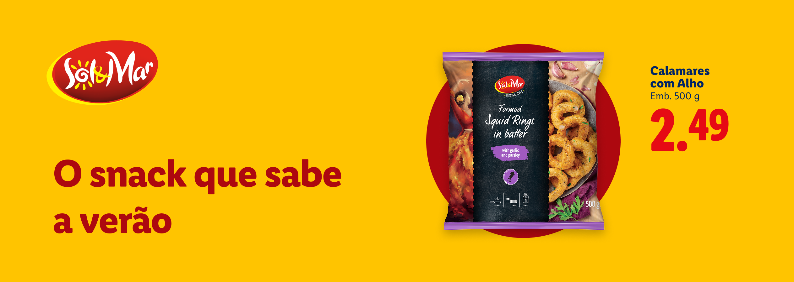 Anéis de lula panados com alho e salsa, 500g, por 2,49€, com o slogan 'O snack que sabe a verão'.