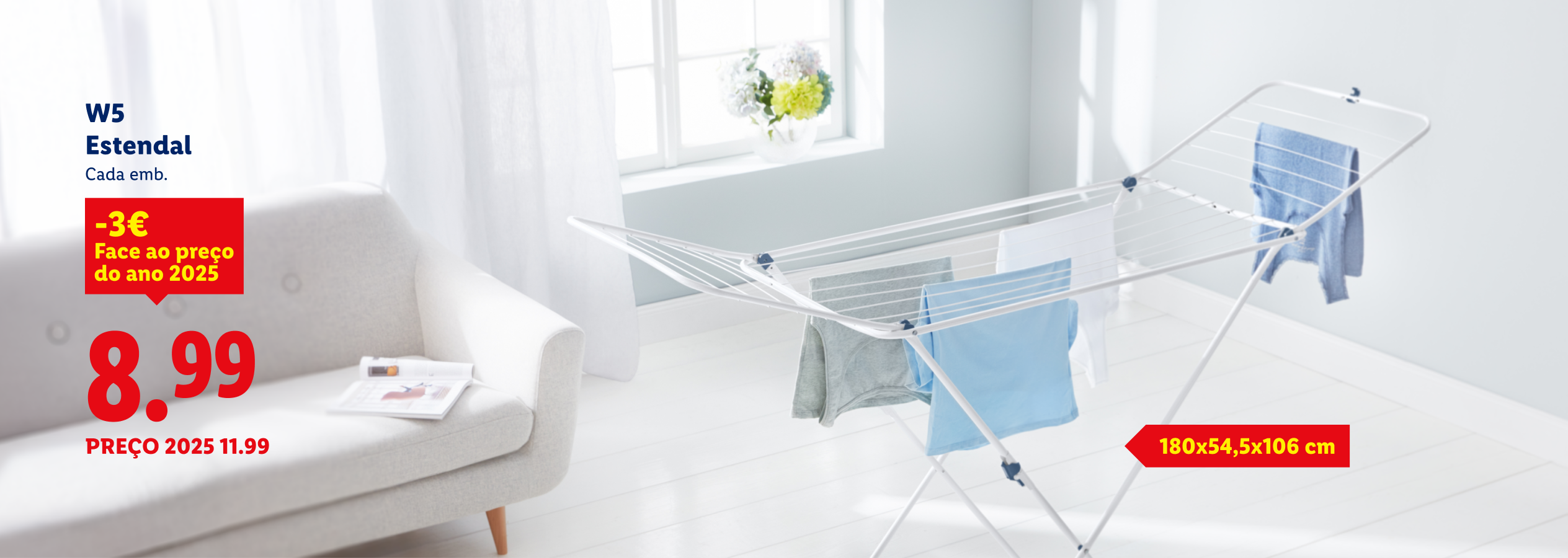 Estendal de roupa branco com -3€ de desconto, custando 8.99€, com dimensões 180x54,5x106 cm.