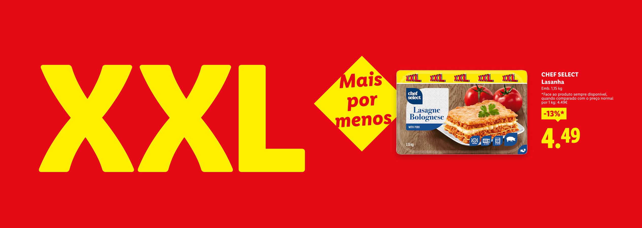 Anúncio de lasanha à bolonhesa XXL com desconto de 13% e preço de 4,49€.