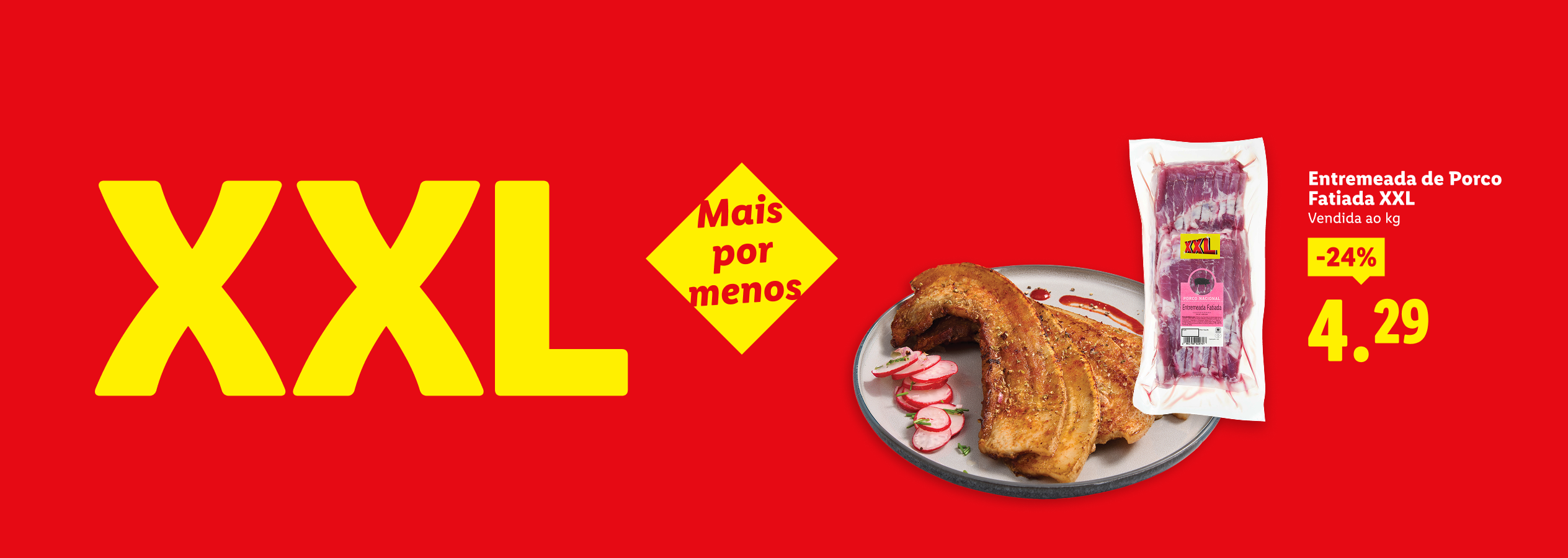 Entremeada de porco fatiada XXL com 24% de desconto, custando 4,29€/kg.