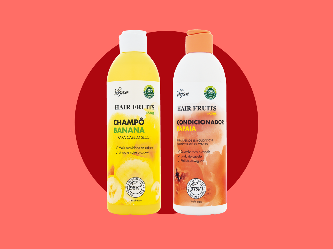 Shampoo e condicionador Cien Hair Fruits, veganos, com extratos de banana e papaia.