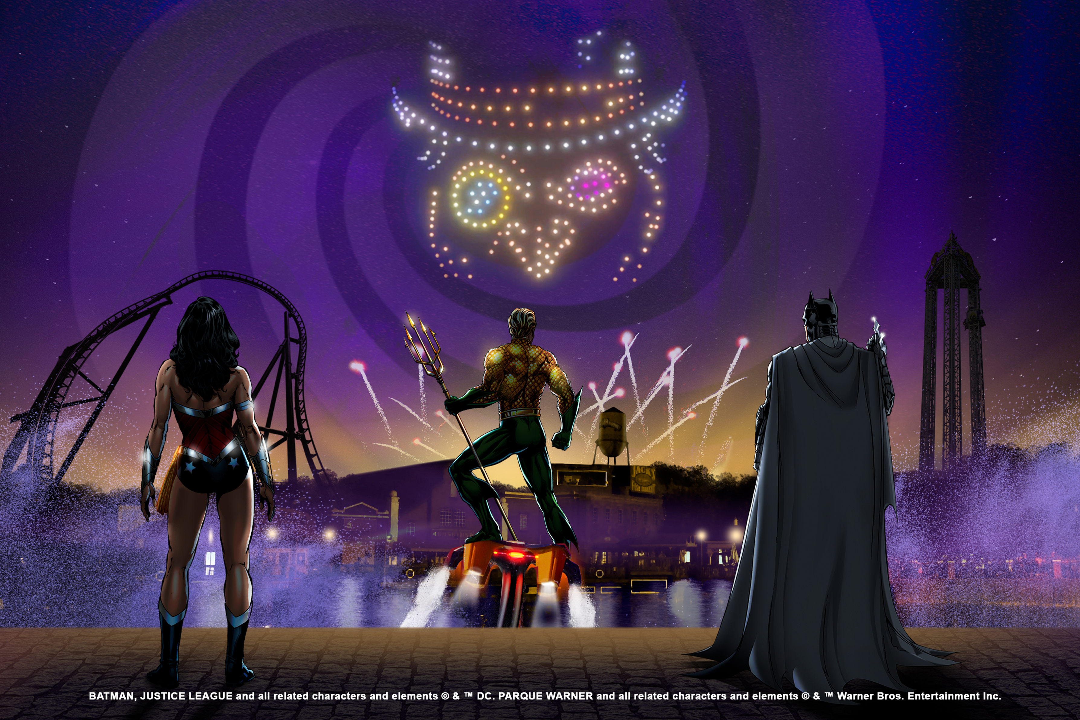Batman, Mulher Maravilha e Aquaman em Parque Warner, com show de fogos de artifício.