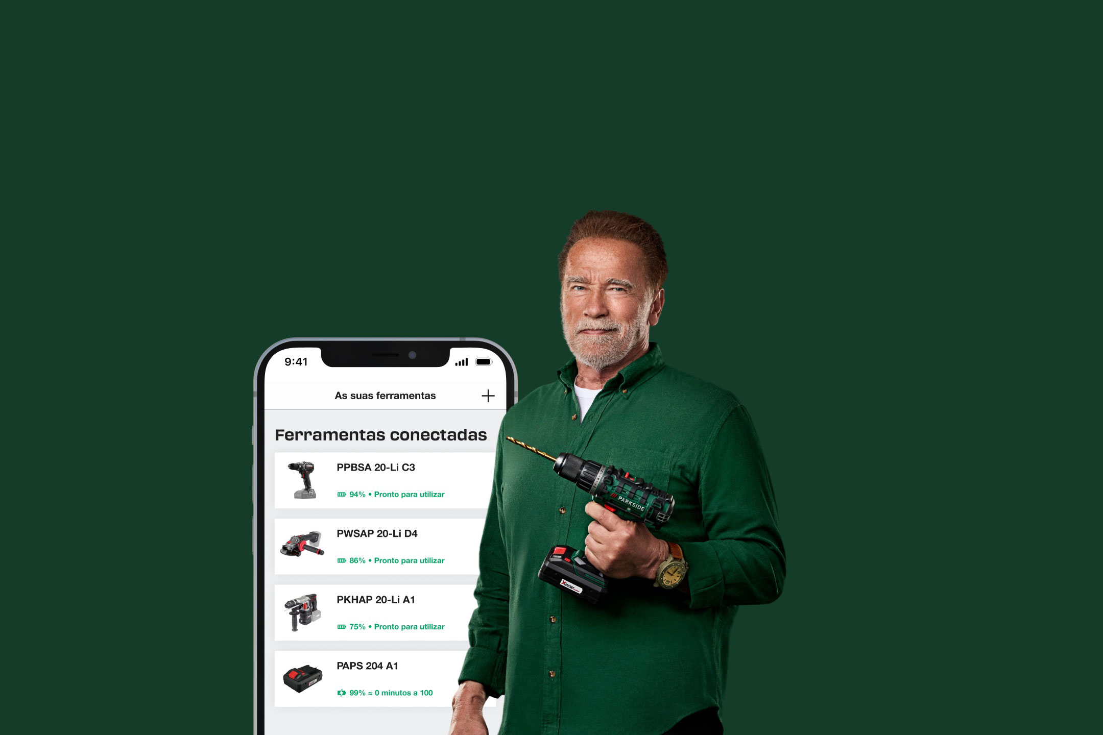 Arnold Schwarzenegger com uma berbequim e um smartphone a mostrar ferramentas conectadas.