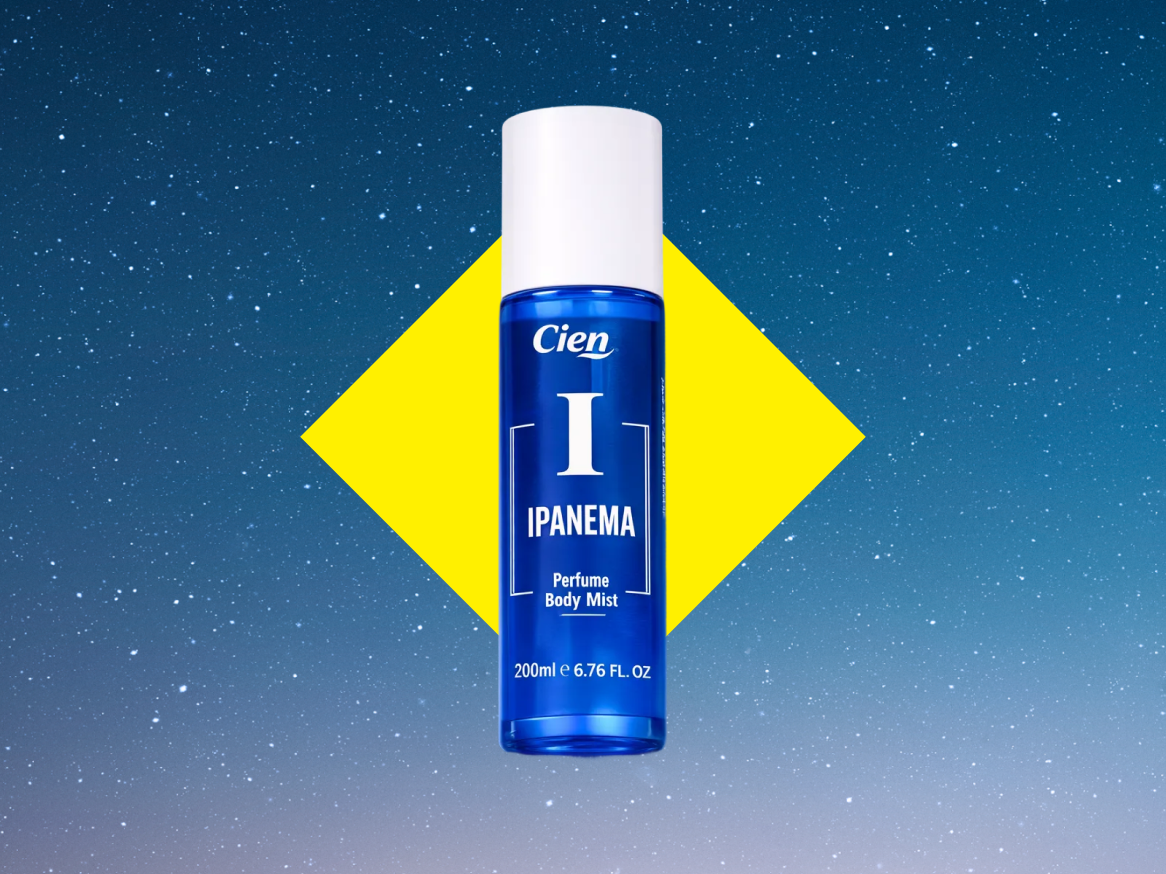 Frasco de spray azul de perfume corporal com fundo de céu noturno estrelado e losango amarelo.