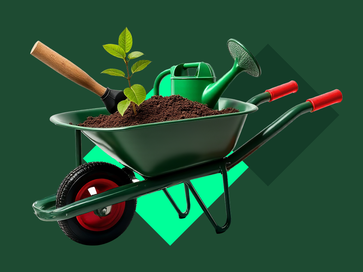 Carrinho de mão verde com terra, pá, regador e muda de planta.