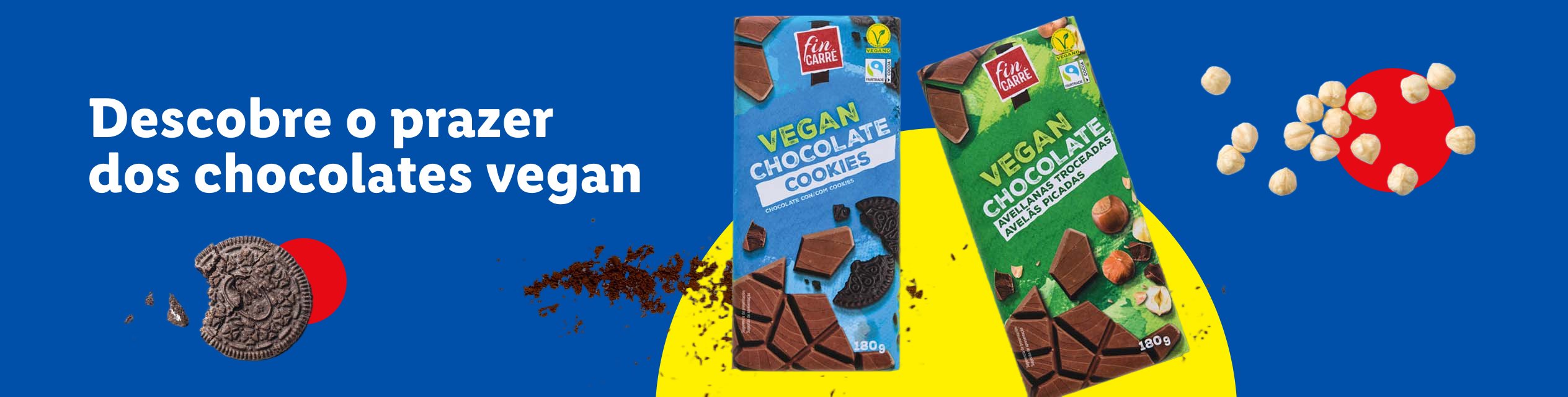 Anúncio de chocolates veganos Fin Carré, com bolachas e avelãs, sobre fundo azul e amarelo.