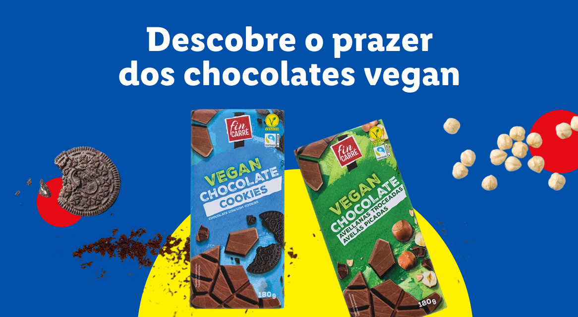 Anúncio de chocolates veganos Fin Carré, com bolachas e avelãs, sobre fundo azul e amarelo.