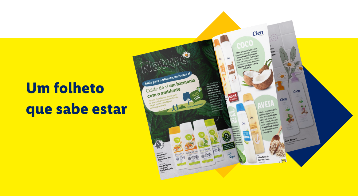 Folheto Cien Nature com produtos de coco, aveia e aloe vera, destacando cosméticos naturais e veganos.