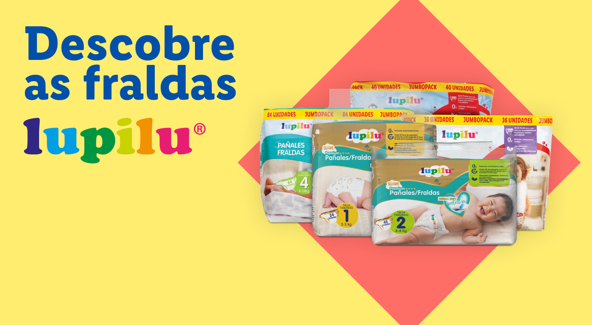 Uma variedade de embalagens de fraldas Lupilu em diferentes tamanhos e designs.