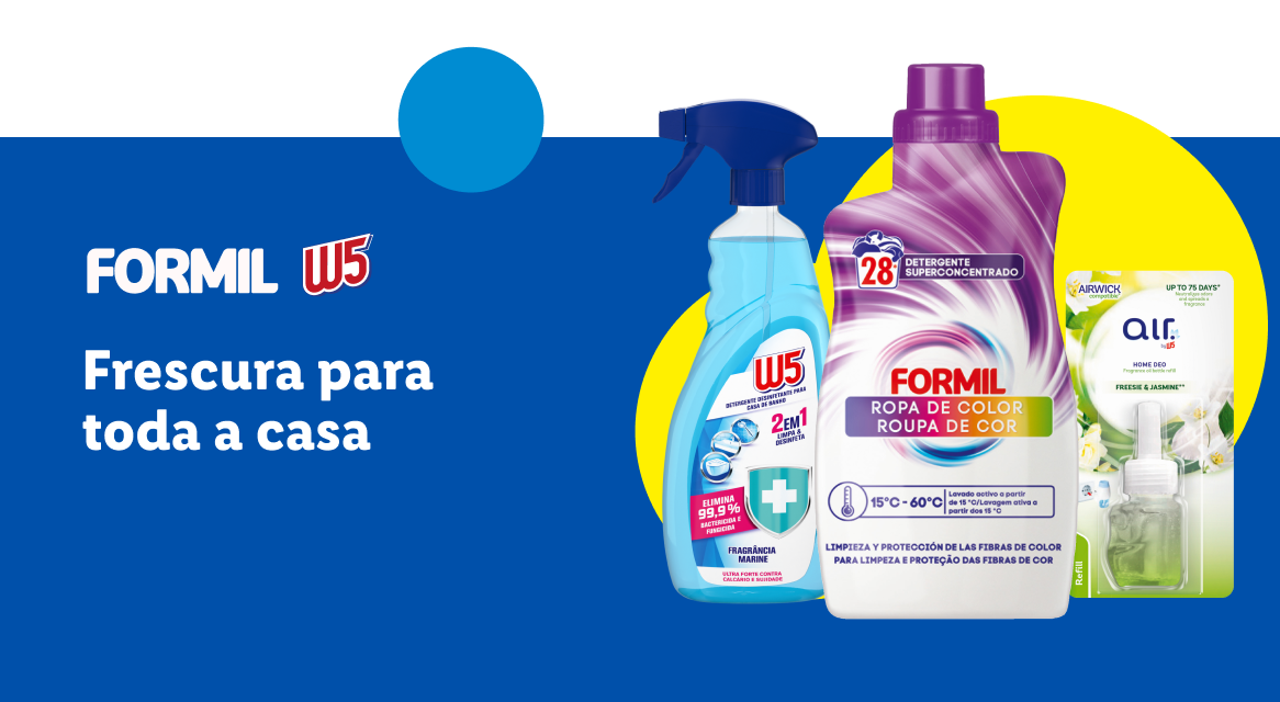 Produtos de limpeza Formil e W5, incluindo detergente para roupa, spray desinfetante e ambientador Airwick.