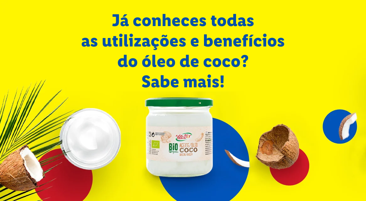 Frasco de óleo de coco Vita D'or com cocos e folhas de palmeira num fundo amarelo.