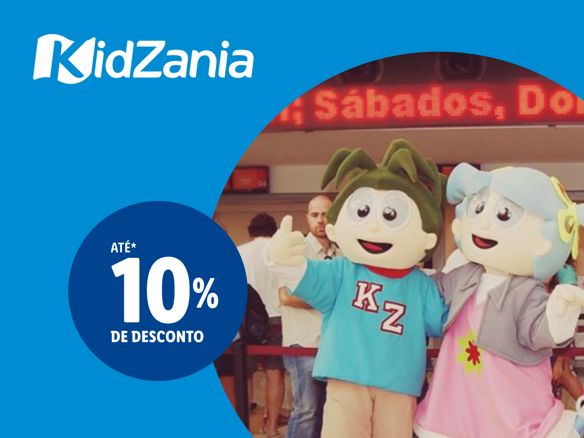 Logótipo da KidZania, mascotes e um desconto de 10%.