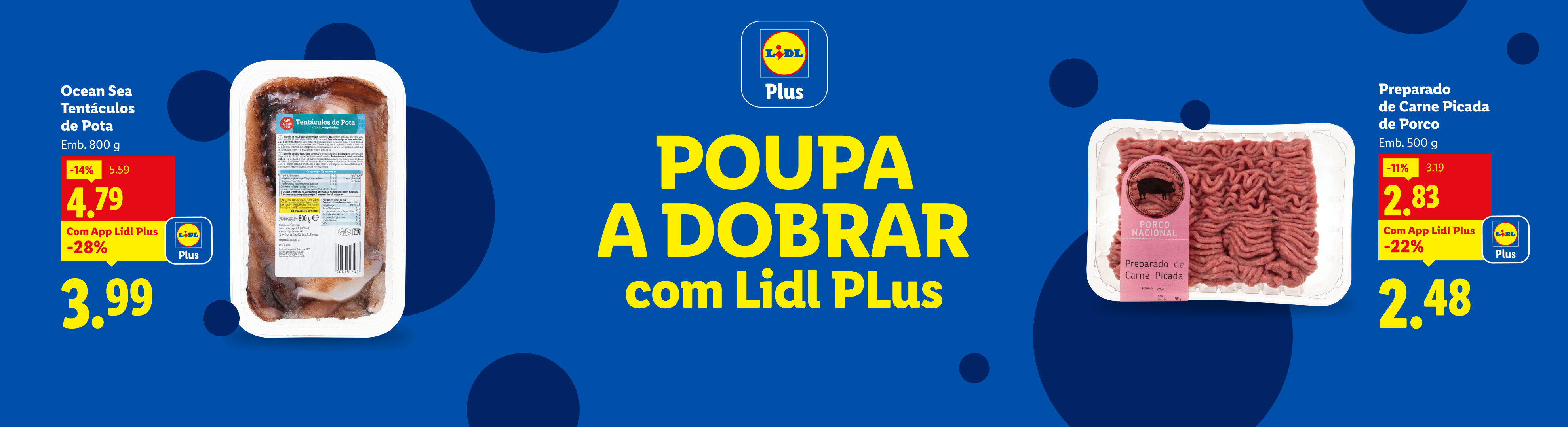 Promoção Lidl Plus com tentáculos de pota Ocean Sea e carne picada de porco.