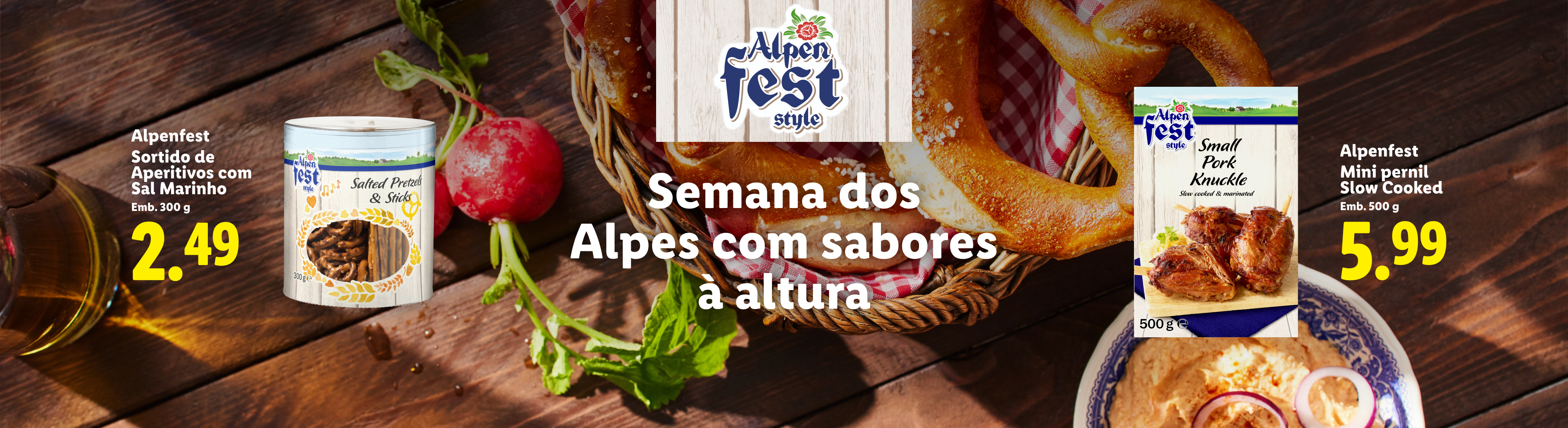 Semana dos Alpes com aperitivos de sal marinho, pretzels, e mini pernil de porco.