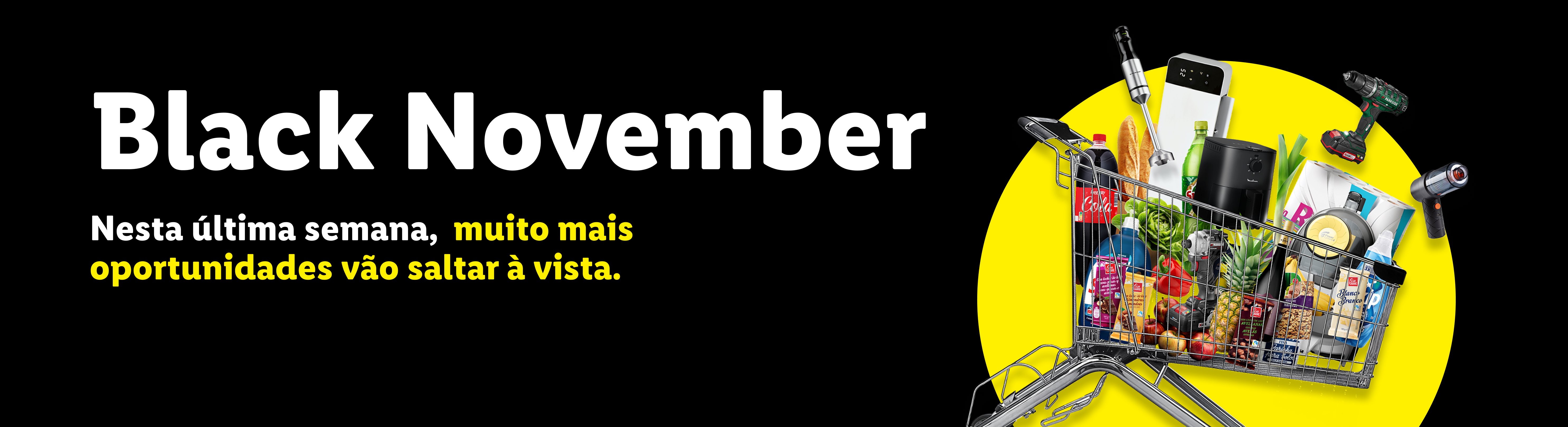 Banner de Black November com um carrinho de compras cheio de produtos Lidl, incluindo alimentos, eletrodomésticos e ferramentas.