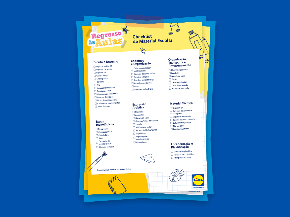 Checklist de material escolar com categorias como escrita, organização, material técnico e extras tecnológicos.