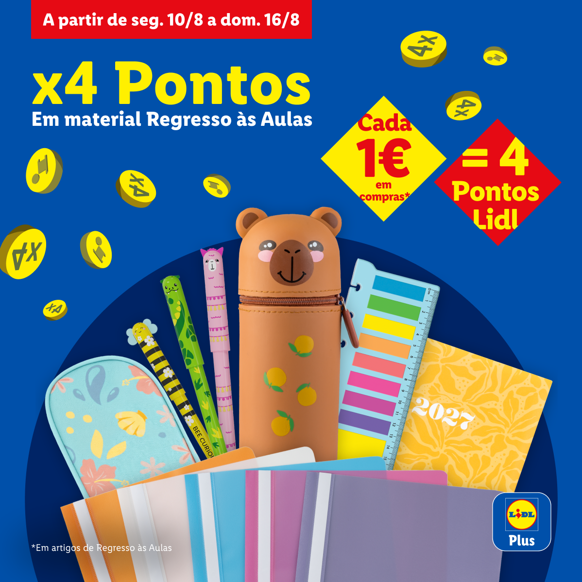 Material escolar com estojo de urso, canetas e cadernos, oferecendo 4 pontos por cada 1€ gasto.