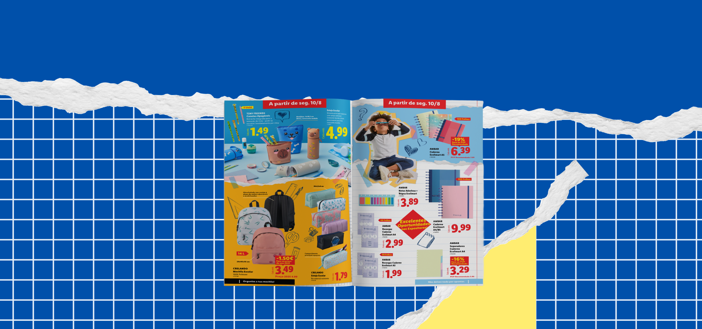 Catálogo de material escolar com mochilas, estojos, cadernos e outros artigos de papelaria.