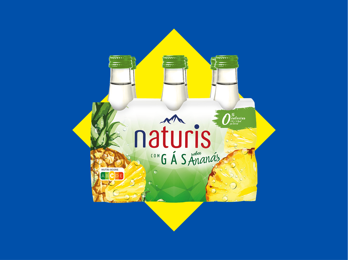 Pack de seis garrafas de água com gás sabor ananás, com 0% calorias e Nutri-Score A.