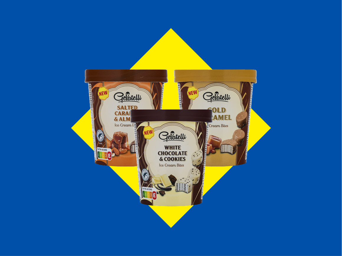 Três embalagens de gelado: caramelo salgado e amêndoa, chocolate branco e bolachas, e caramelo dourado.