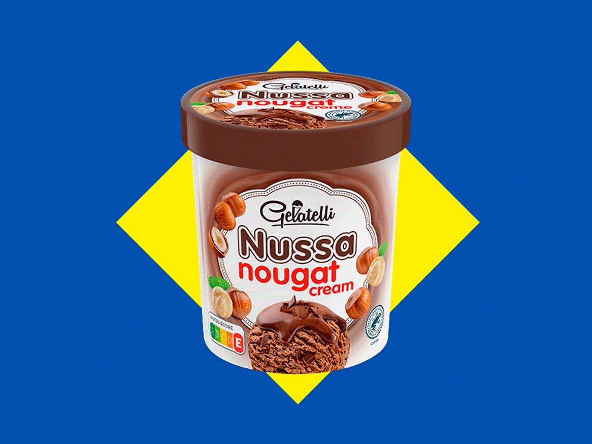Gelado de avelã e nougat em embalagem, com fundo azul e amarelo.