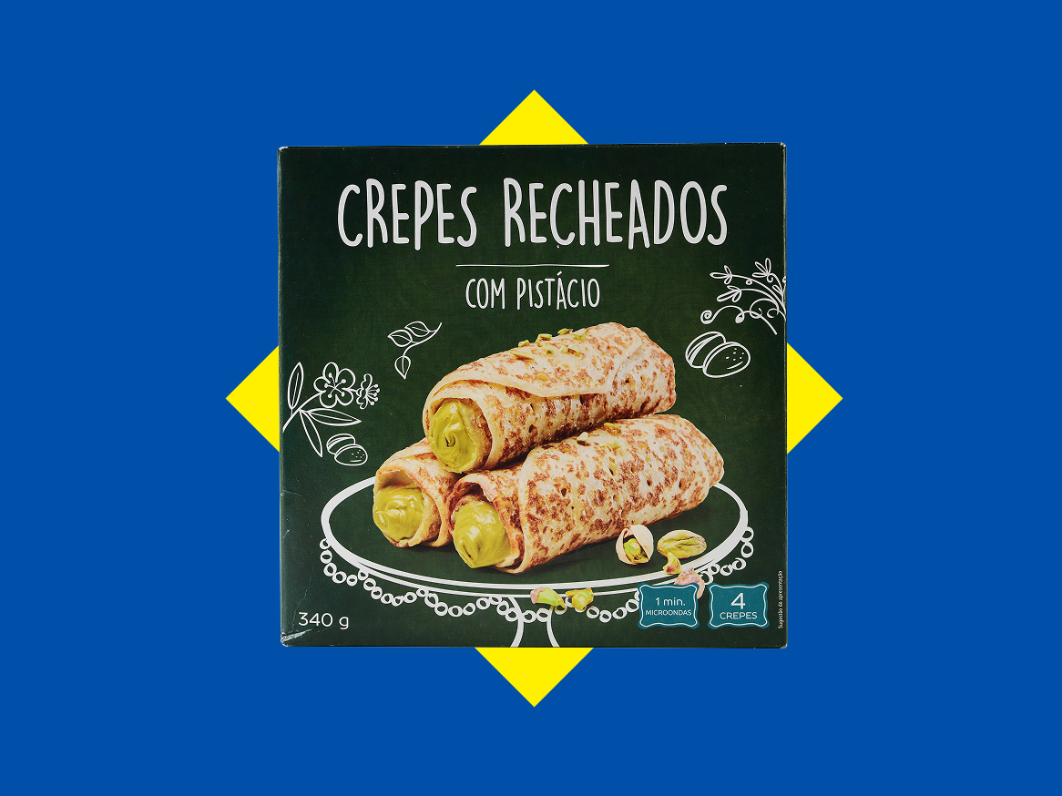 Caixa de crepes recheados com pistácio, com 340g e 4 crepes, prontos em 1 minuto no micro-ondas.
