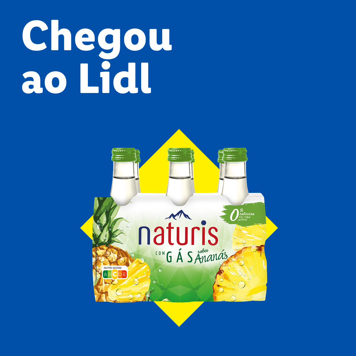 Bebida de ananás com gás em embalagem de 6, com a mensagem 'Chegou ao Lidl'.